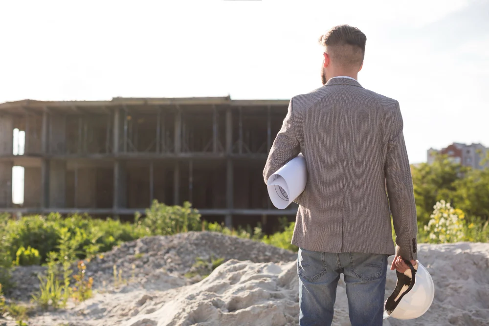 Promotores inmobiliarios mirando construcción